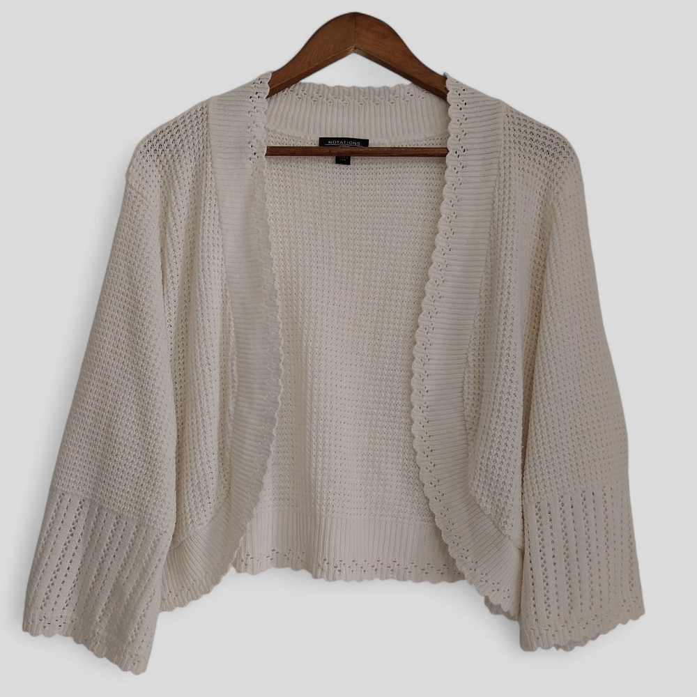 Vintage Notations Womens Size 3X Crochet Knit White Crop Open Cottage Cardigan